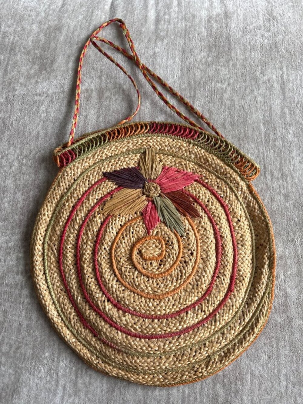 Straw Circle Shoulder Bag Pink Orange Summer Purse Flower